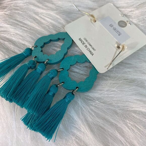 Turquoise Large Wood Teardrop with Rhinestones and Tassels - Picture 2 of 3